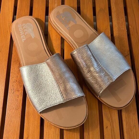 Sorel Ella two tone gold silver color block slide sandals size 8.5 - Picture 1 of 5